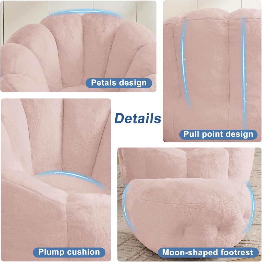 Mofolit 46" Oversized Flower Bean Bag Chair with Ottoman for Adults,Large Cozy Beanbag Chair with Artificial Rabbit Fur Fabric,Boneless Sofa for Living Room,Reading Room and Apartment. (Pink)