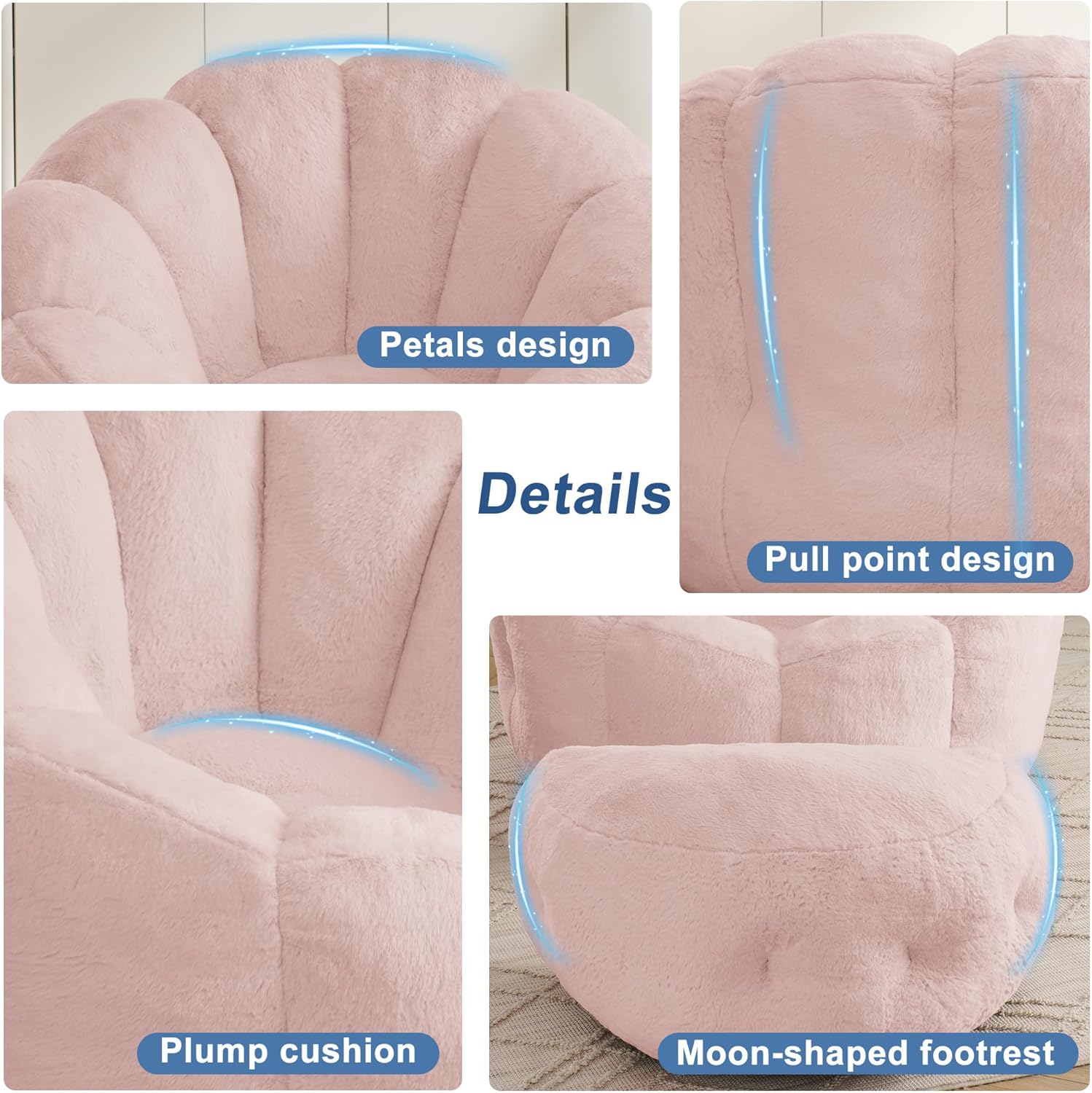 Mofolit 46" Oversized Flower Bean Bag Chair with Ottoman for Adults,Large Cozy Beanbag Chair with Artificial Rabbit Fur Fabric,Boneless Sofa for Living Room,Reading Room and Apartment. (Pink)