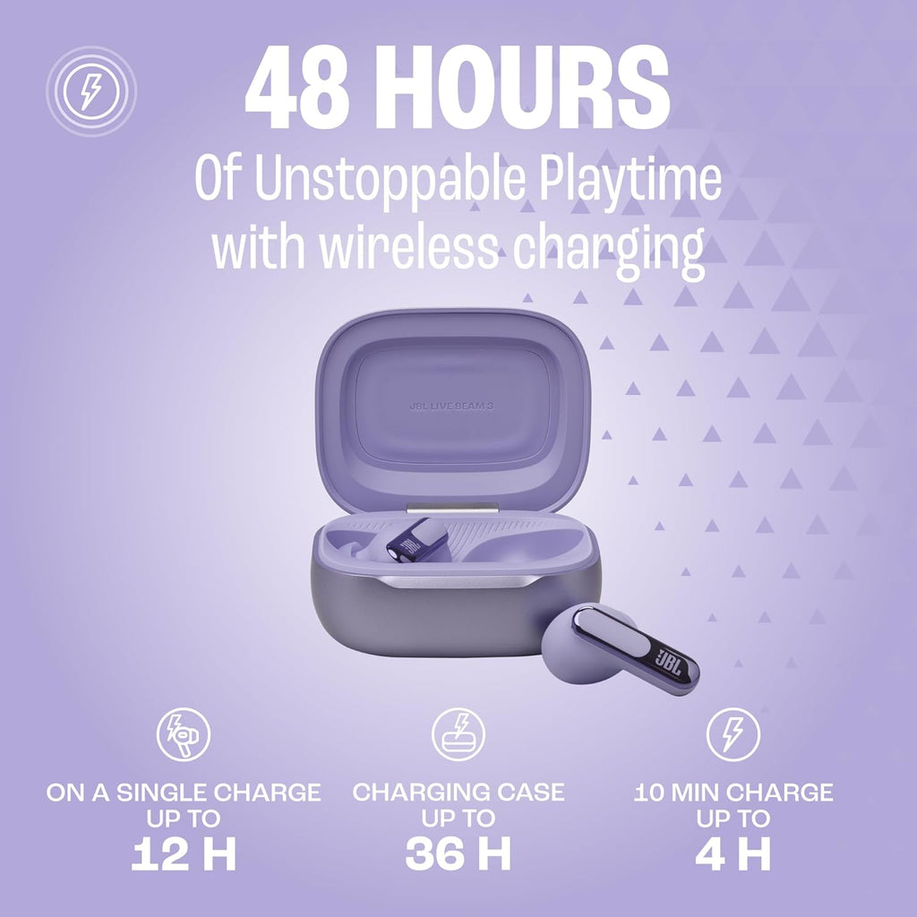 JBL Live Beam 3 - True wireless noise-cancelling stick-closed earbuds, 48Hrs total playback, Wireless Charging, 6 Mics for perfect calls, Multi-point connection, IP55 waterproof and dustproof (Purple)