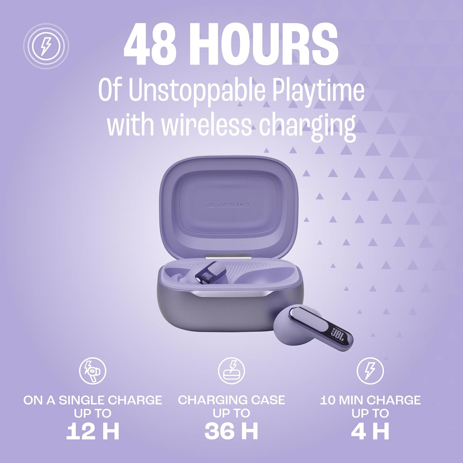 JBL Live Beam 3 - True wireless noise-cancelling stick-closed earbuds, 48Hrs total playback, Wireless Charging, 6 Mics for perfect calls, Multi-point connection, IP55 waterproof and dustproof (Purple)