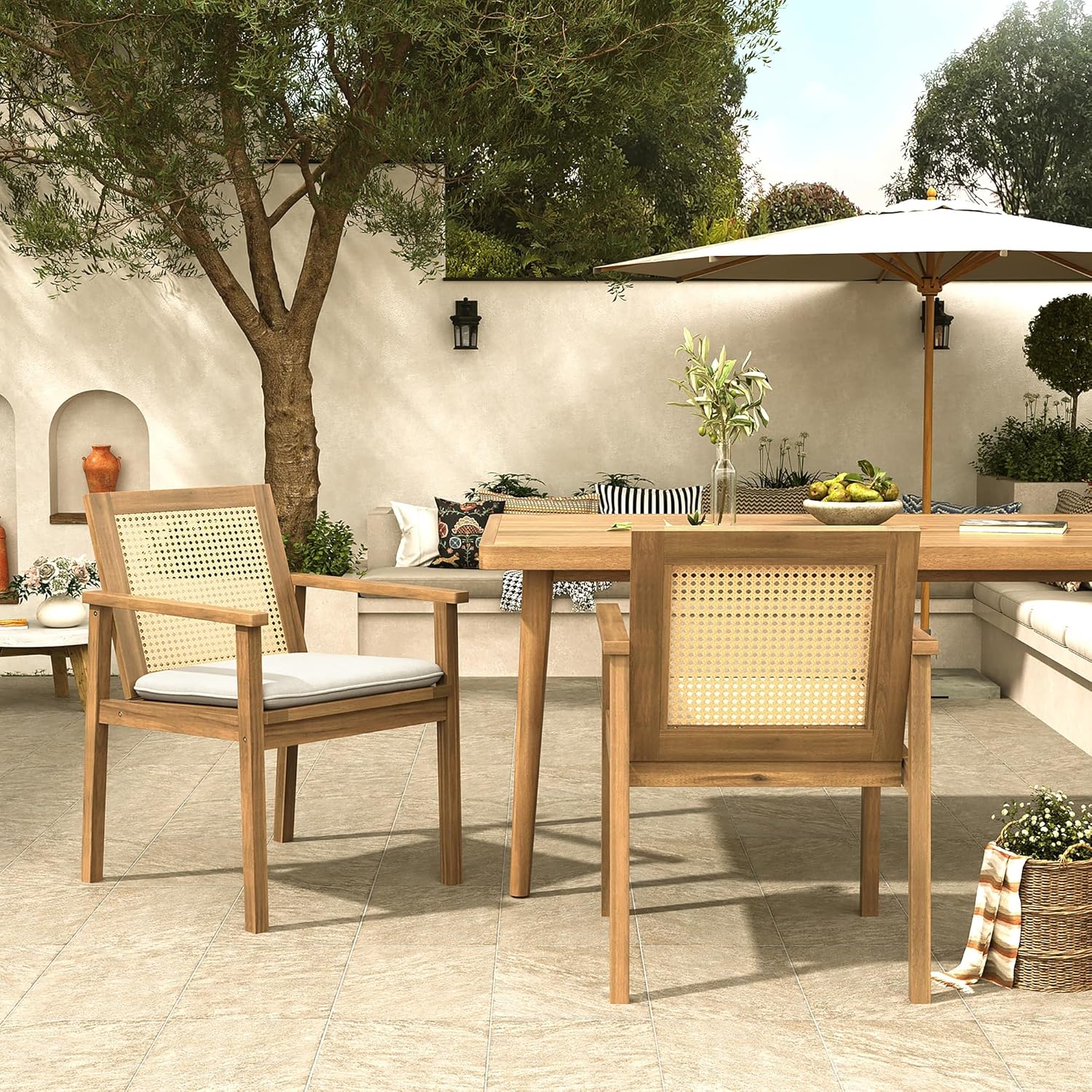 Christopher Knight Home Dessa Outdoor Dining Chairs Set of 2, Acacia Wood Dining Chair, Woven Wicker Back Accent Chairs, Breathable Armchair, Comfort Cushion Seating for Backyard Garden, Teak+Beige
