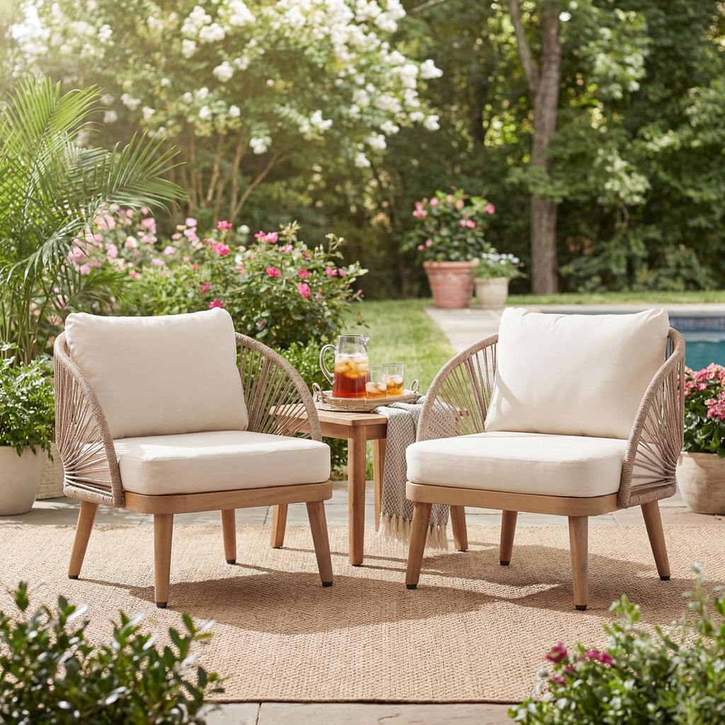 Christopher Knight Home Lydia Set of 2 Boho Patio Furniture Acacia Wood Club Chairs, Outdoor Lounge Chairs, Modern Tub Accent Chairs/Arm Chairs with Rope Woven and Removable Cushions, Natural+Beige