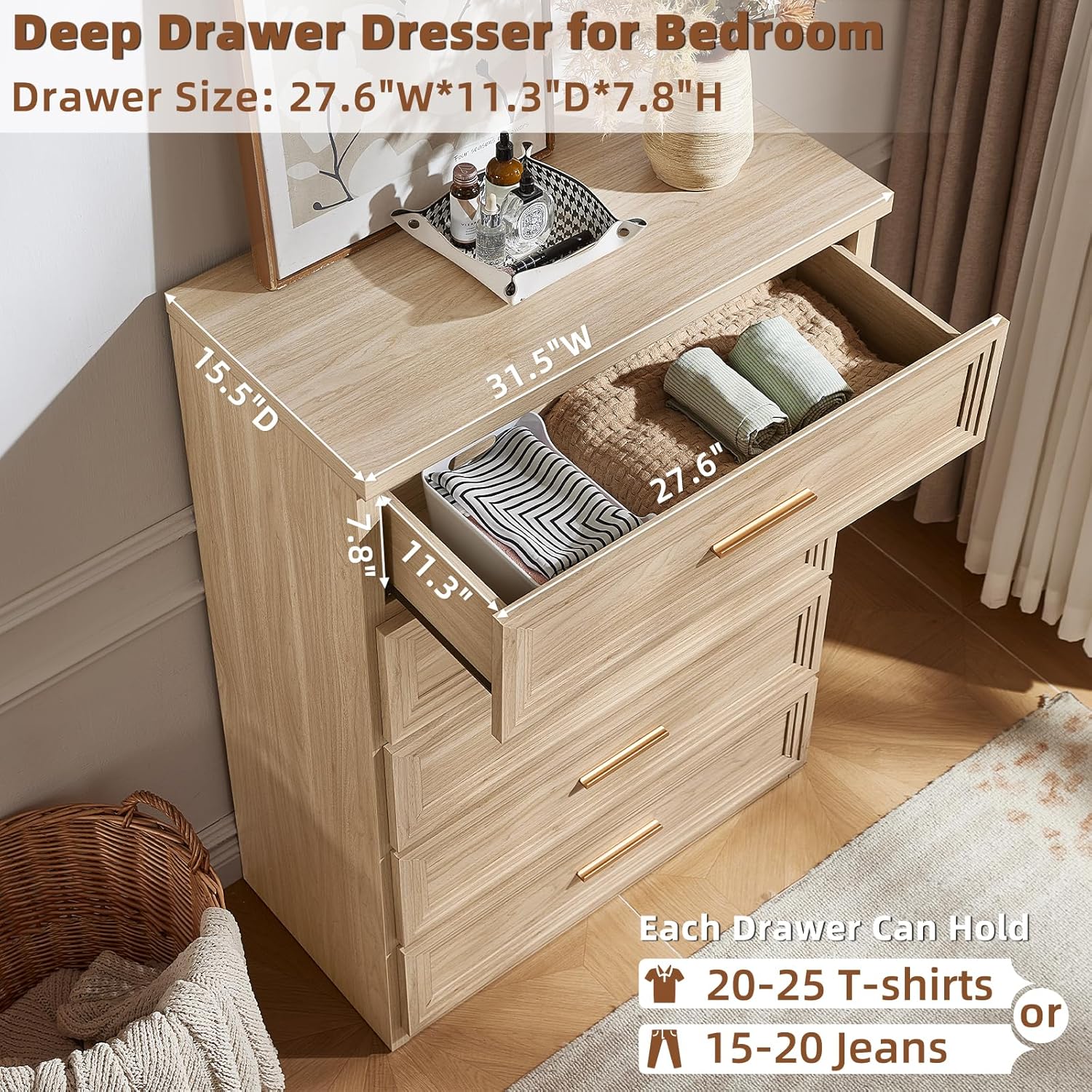 RWYHG Dresser Set for Bedroom with 5 Drawers 45" Tall Wood Closet Organizer with Metal Handle Furniture for Living Room Hallway Natural