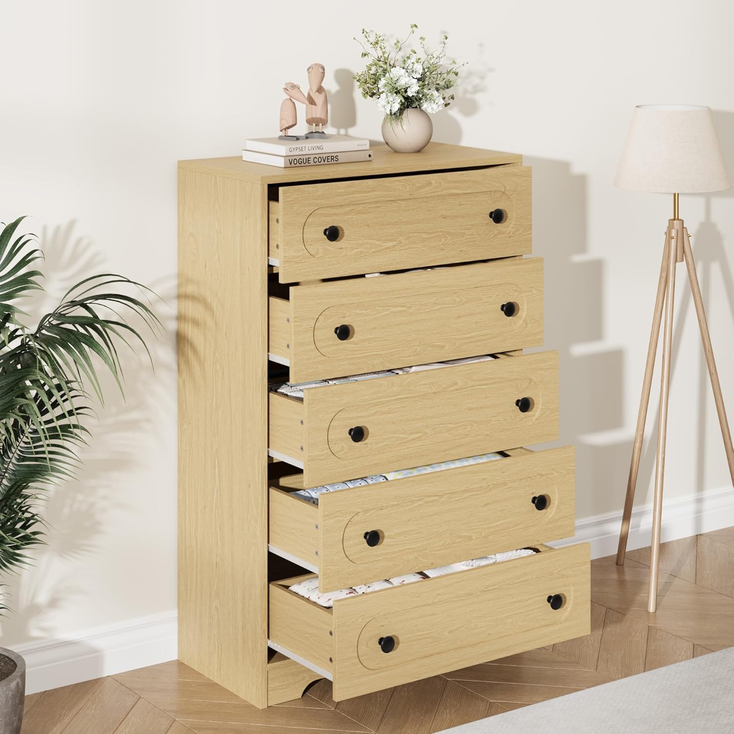 Garvee 5 Drawer Dresser for Bedroom, 50" Tall Large Dresser with Deep Drawers & Metal Knobs, Wooden Mid Century Modern Chest of Drawers for Living Room, Entryway, Hallway, Natural