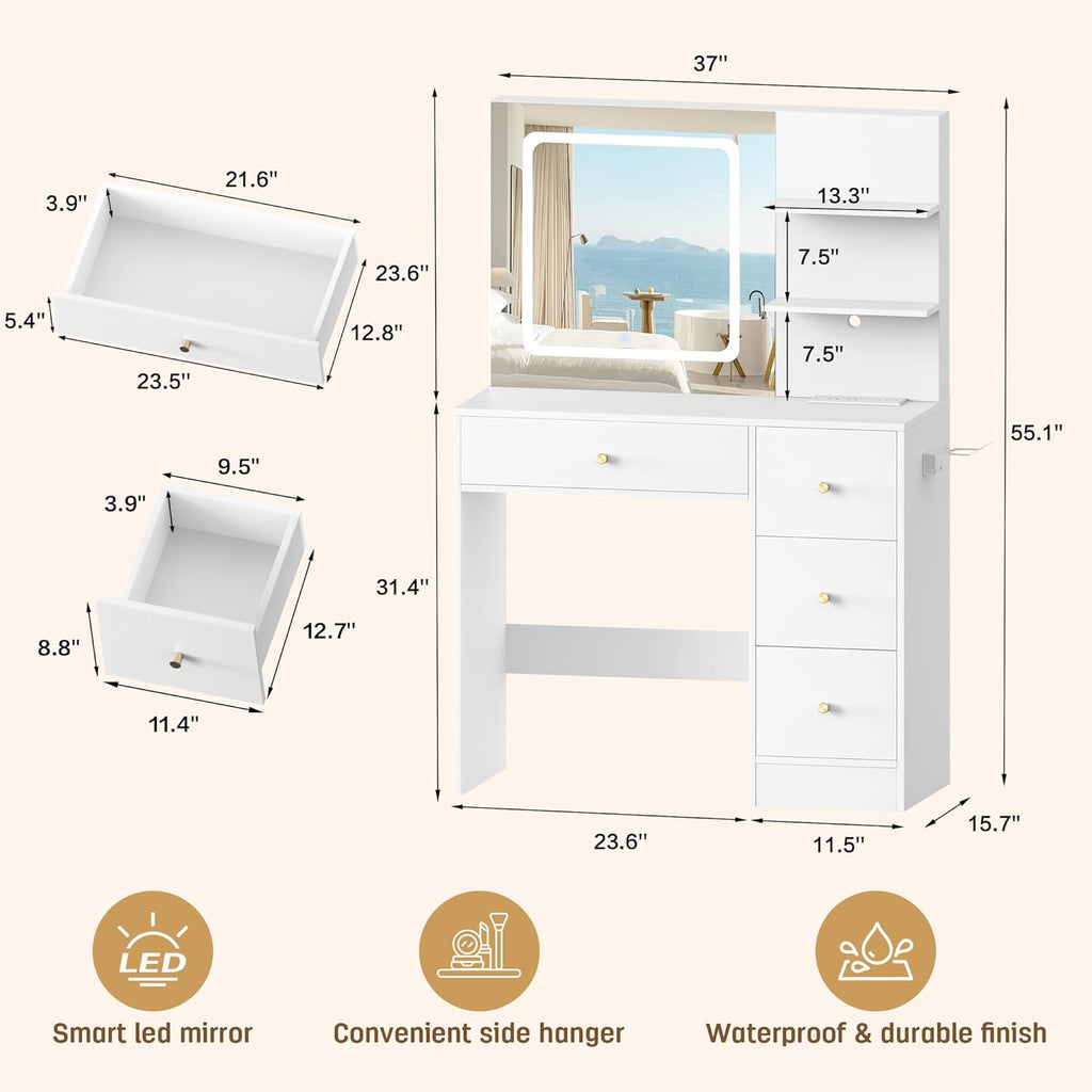 Makeup Vanity Desk with Mirror and Lights, 37" White Vanity Desk with Power Outlet & USB, 3 Modes Dimmable LED Mirror with 4 Drawers, Modern Vanity Table for Bedroom