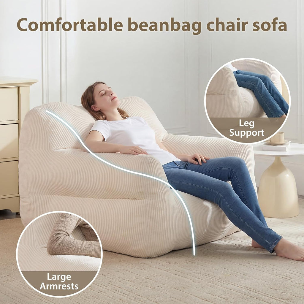 HUGHEAVEN Big Bean Bag Chair for Adults & Kids, Giant Oversized Bean Bag Couch, Comfy Reading Chair with Armrests, Soft Cozy Chair for Bedroom, Lounge Sofa for Gaming, Napping & Relaxing, Beige
