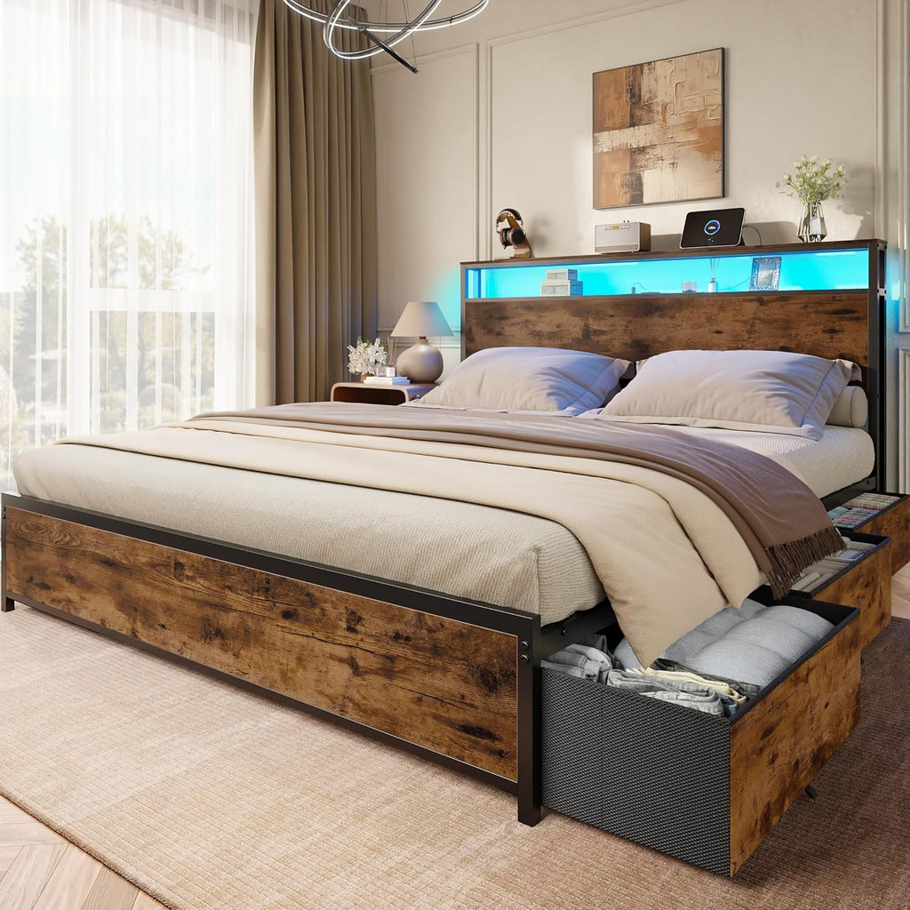 Forestell Queen Bed Frame with Headboard & 6 Drawers, Metal Platform Bed Frame Queen Size with Charging Station,LED Lights,2 Tier Shelf Storage Bedframe-No Box Spring Needed,Noise Free,Rustic Brown