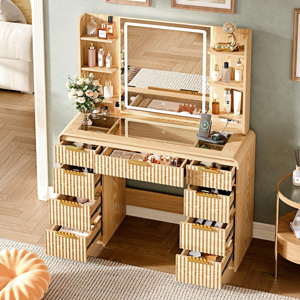 43" Makeup Vanity Desk with Mirror and Lights&Power Outl, 3 Adjustable Light Color,Glass Top Big Vanity Table with 9 Drawers & 6 Shelves,Girls Vanity for Bedroom, Oak