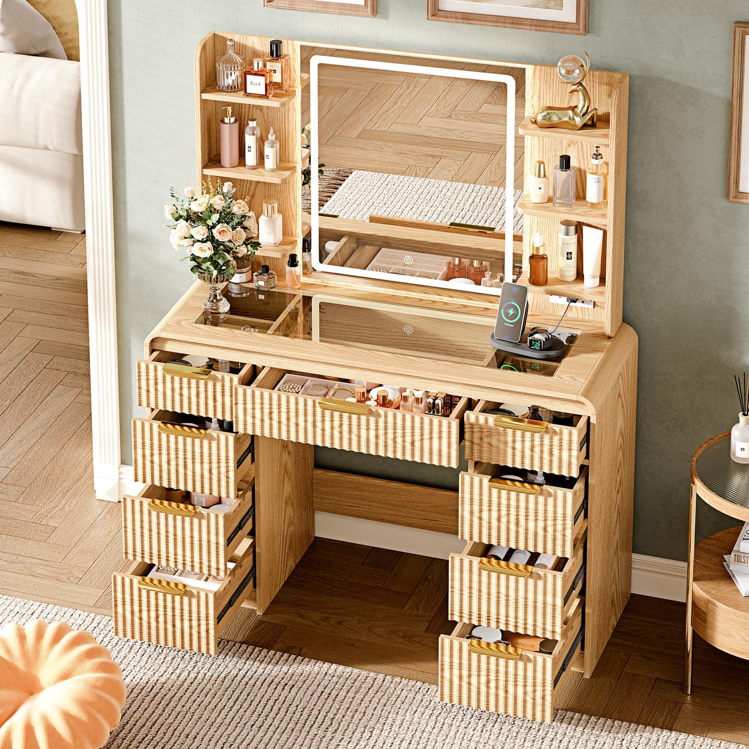 43" Makeup Vanity Desk with Mirror and Lights&Power Outl, 3 Adjustable Light Color,Glass Top Big Vanity Table with 9 Drawers & 6 Shelves,Girls Vanity for Bedroom, Oak