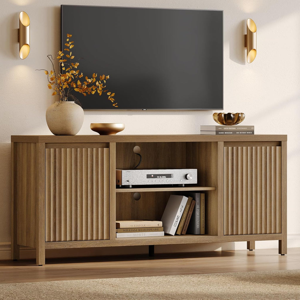 SICOTAS Fluted TV Stand for 55 65 inch TV - Large TV Consoles for Living Room Bedroom, Mid Century Modern Entertainment Center with Storage Cabinet, Wooden Television Stands Media Console, Caramel Oak