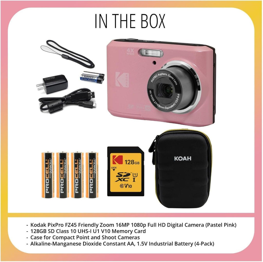Kodak PIXPRO FZ45 Friendly Zoom 16MP 1080p Full HD Digital Camera (Pastel Pink) with 128GB SD Card, Compact Camera Case and Extra 4X AA Batteries Bundle (4 Items)