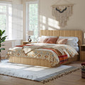 Evermagin Natural King Lift Up Storage Bed Frame, Mid Century Modern Fluted Bed Frame, Wood Hydraulic King Size Bedframe with Headboard