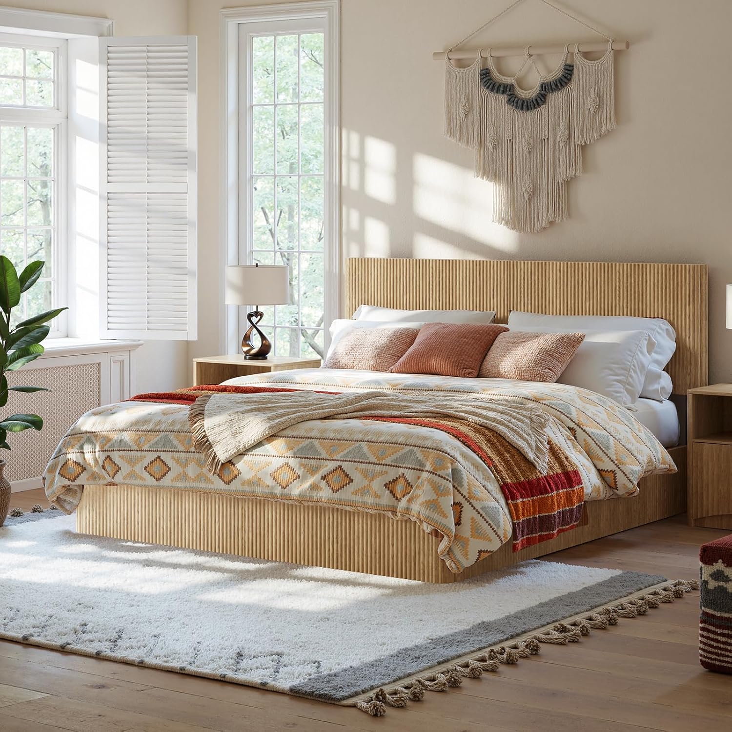 Evermagin Natural King Lift Up Storage Bed Frame, Mid Century Modern Fluted Bed Frame, Wood Hydraulic King Size Bedframe with Headboard