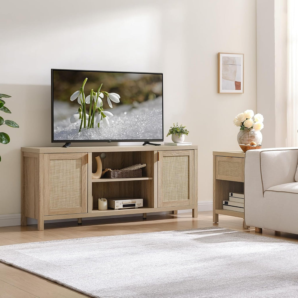 SICOTAS Rattan TV Stand for Living Room - 26" Tall TV Console Cabinet with Storage and Adjustable Shelf, Boho Entertainment Center, 59" Media Console for 50, 55, 65 Inch TV, Light Oak