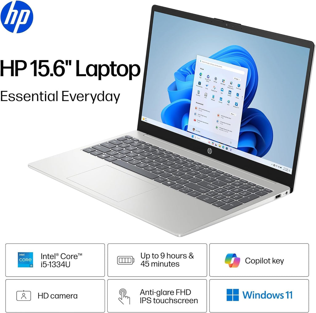 HP 15.6" FHD Touchscreen Laptop 2026, Intel i5-1334U, 8GB RAM, 512GB SSD, Long Battery Life, Portable for Students & Business, Office 365, Numeric Keypad, Fast Charge, Windows 11 Home, Silver