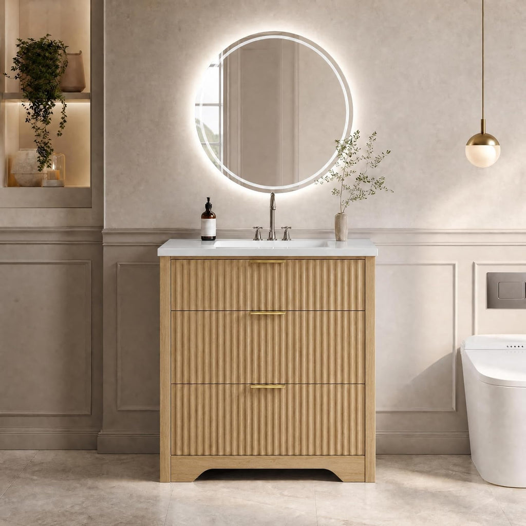 GarveeHome 30 Inch Bathroom Vanity with Sink, Fluted Freestanding Vanity Cabinet with 2 Drawers and 1 Flip-Down Drawer, Ceramic Basin Vanity Combo Set for Small Bathroom, Natural Oak