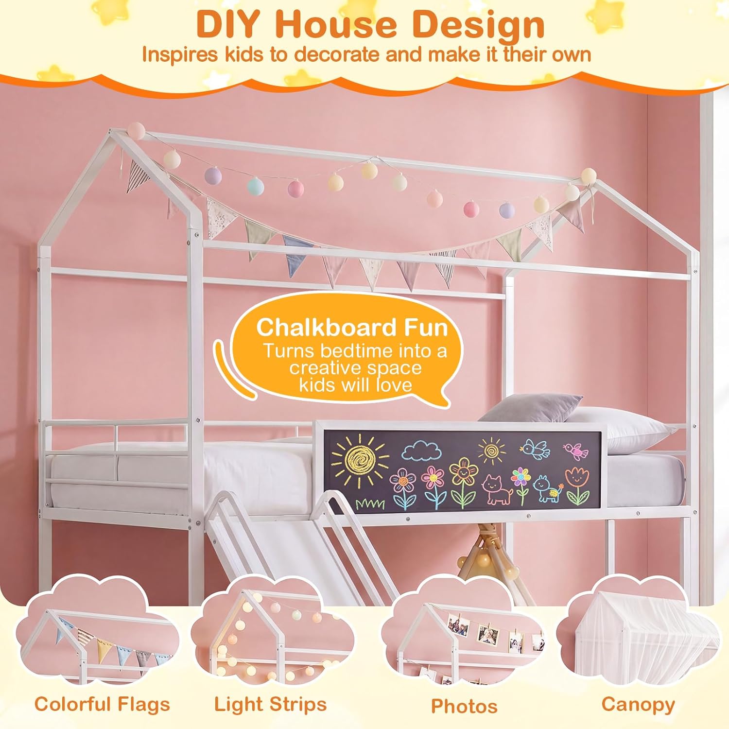 Giantex Twin Size House Loft Bed, Low Loft Bedframe w/Roof, Slide, Ladder, Chalkboard & Sturdy Metal Slats for Bedroom Dorm, Kids House Bed for Boys Girls, No Box Spring Needed (White)
