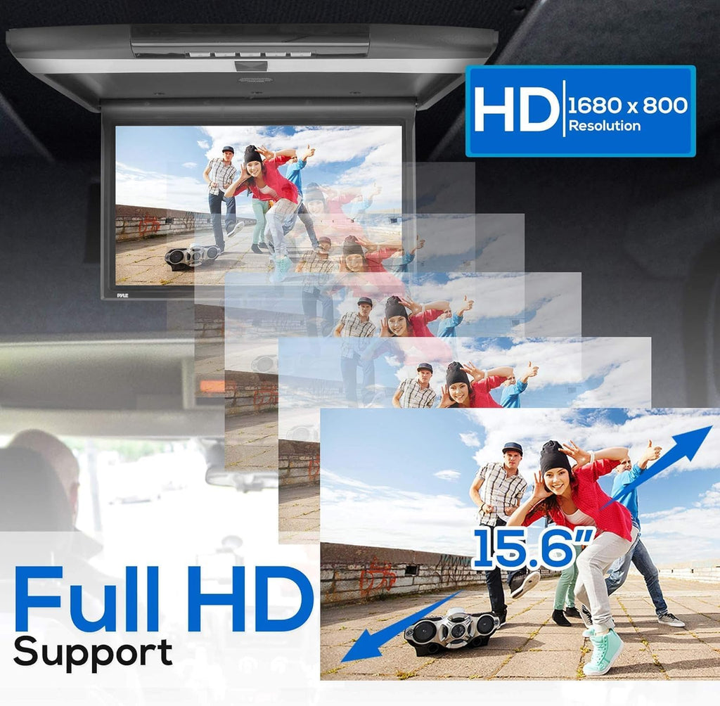 Pyle 15.6-Inch Overhead Flip-Down Car Monitor - Hi-Res 1680x800p Widescreen Car Roof Mount Monitor, Vehicle Flip Down Overhead Screen w/IR, FM Transmitter, USB/SD, HDMI, AV, Stereo Speaker -PLRV1525