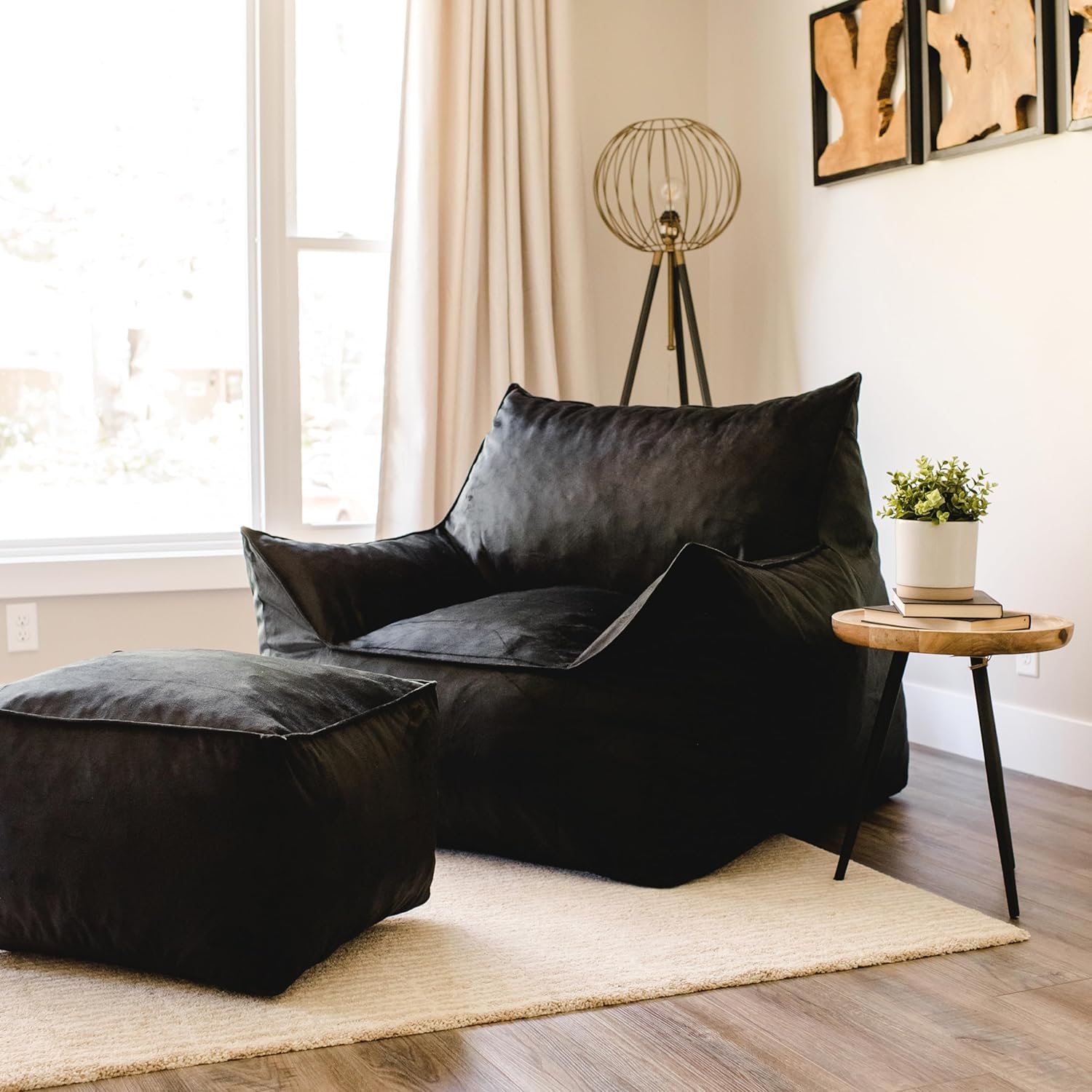 Big Joe Imperial Lounger Foam Filled Bean Bag Armchair with Removable Cover, Black Plush, Soft Polyester, 4 feet Big