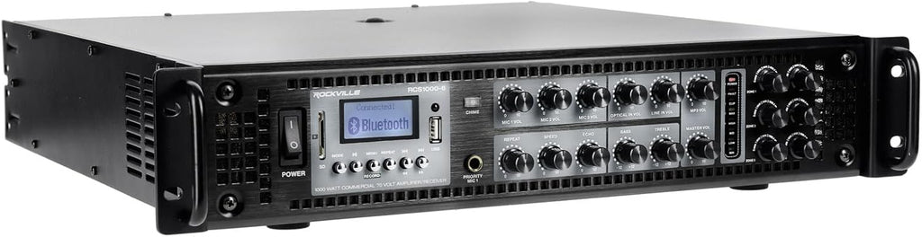Rockville RCS1000-6 1000W 6-Zone Commercial Amplifier, Bluetooth, USB/SD Inputs, Echo Mic Controls, 70V/100V/8-Ohm Compatibility, Perfect for Restaurants, Schools, and Conference Rooms