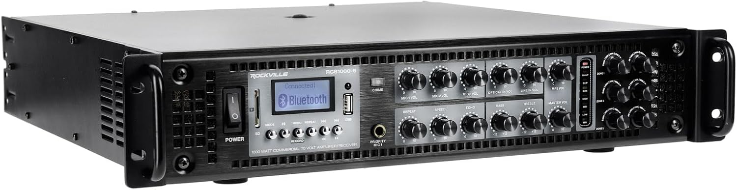 Rockville RCS1000-6 1000W 6-Zone Commercial Amplifier, Bluetooth, USB/SD Inputs, Echo Mic Controls, 70V/100V/8-Ohm Compatibility, Perfect for Restaurants, Schools, and Conference Rooms
