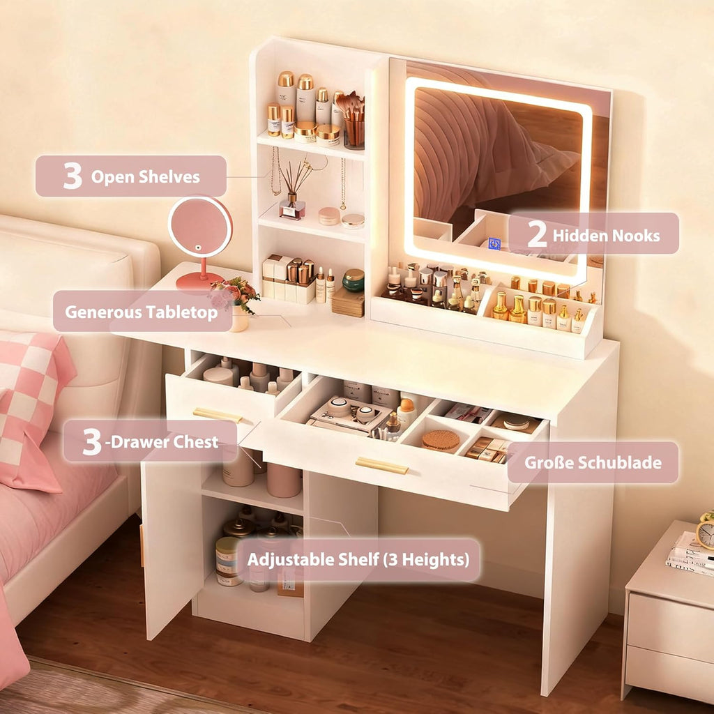 ERLEJIA Vanity Desk with Mirror and Lights, 39.37" Makeup Desk with Power Outlet, 4 Drawers and Open Shelves Makeup Vanity with Extral Foldable Desk for Bedroom, White