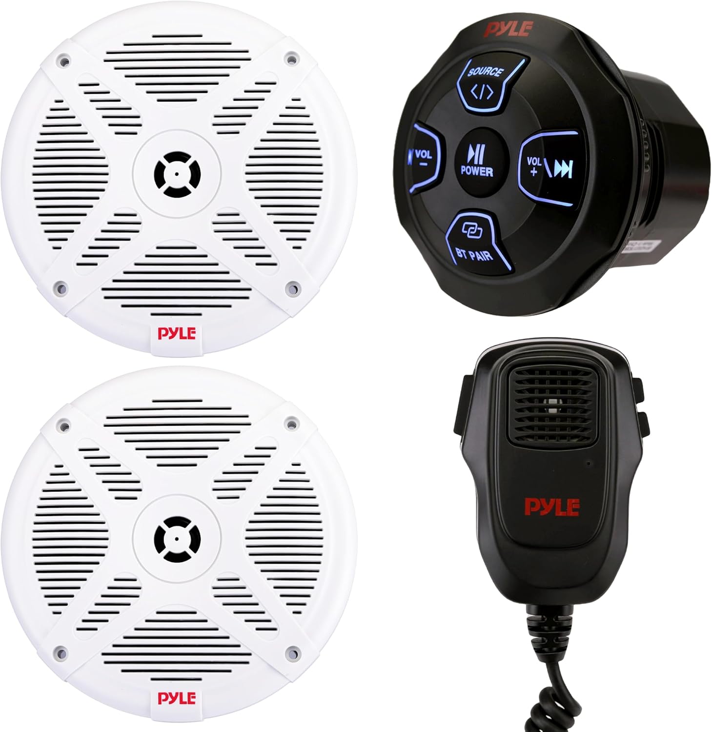 Pyle Marine Bluetooth Receiver Speaker Kit - Waterproof Audio Entertainment System Set w/Dual 6.5" Boat Speakers, Wireless BT Controller, Compact Handheld Broadcasting Microphone (White)