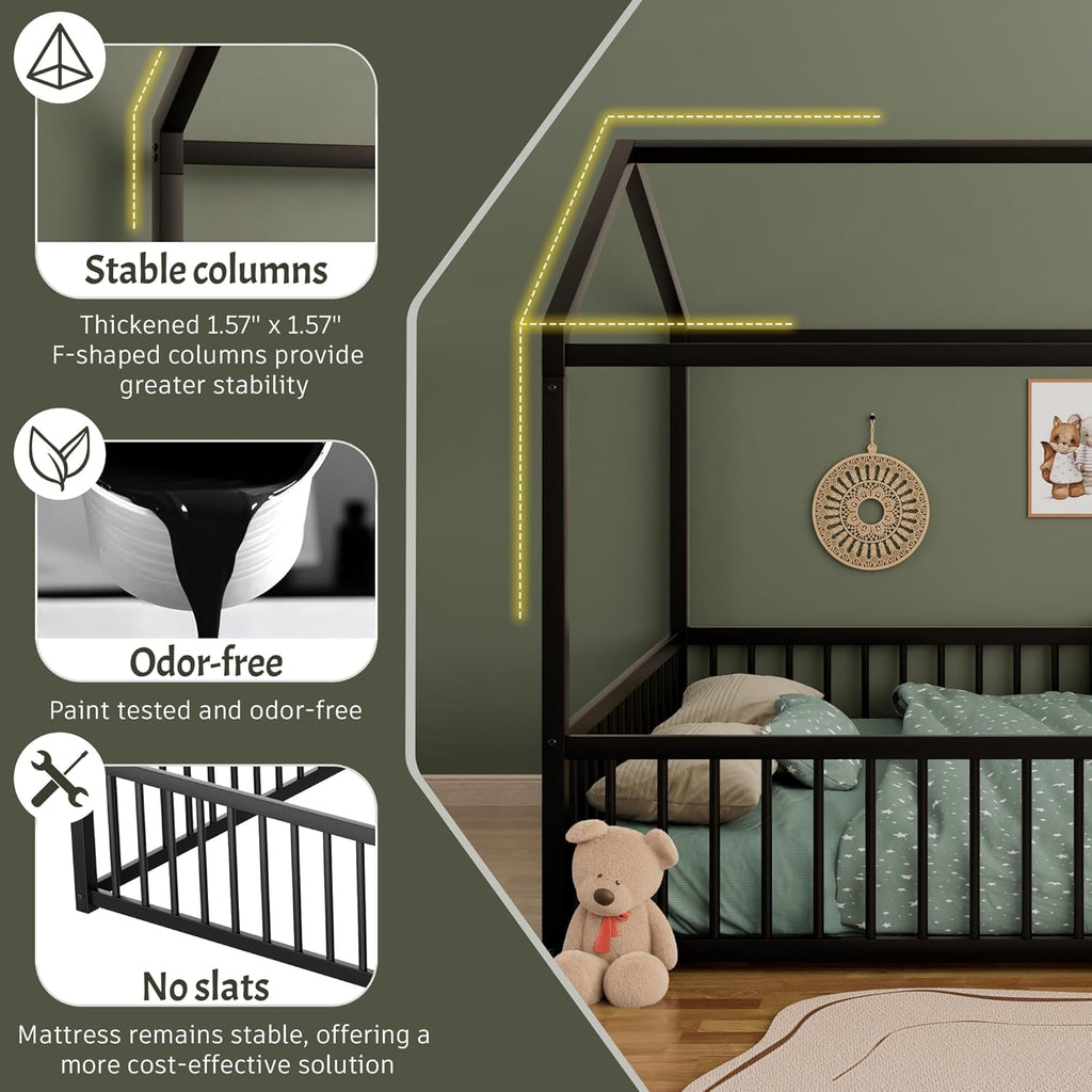 House Shape Full Size Montessori House Bed Metal Floor Bed Full Bedframe No Box Spring Needed, Black