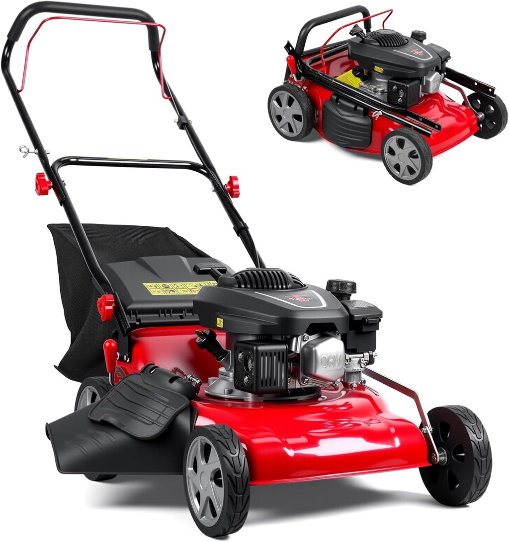 18" Lawn Mowers, 3 in 1 Self-Propelled Cordless Lawn Mower, 131cc Walk-Behind Push Gas Lawn-Mower with 50L Grass Bag, Heavy-Duty Gas Powered Lawnmower for Gardening Care Lawns Maintenance Yard Trimme
