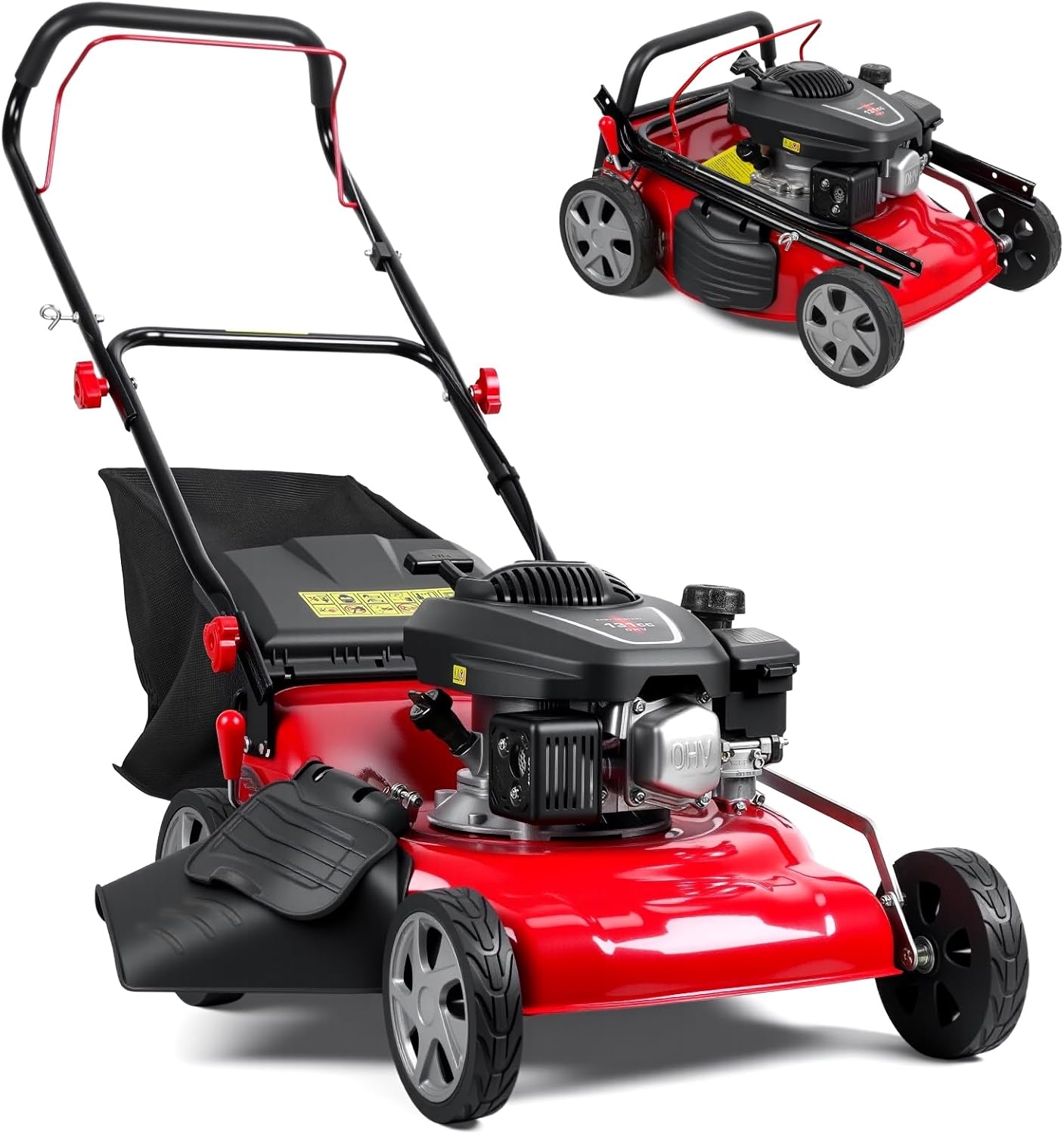 18" Lawn Mowers, 3 in 1 Self-Propelled Cordless Lawn Mower, 131cc Walk-Behind Push Gas Lawn-Mower with 50L Grass Bag, Heavy-Duty Gas Powered Lawnmower for Gardening Care Lawns Maintenance Yard Trimme