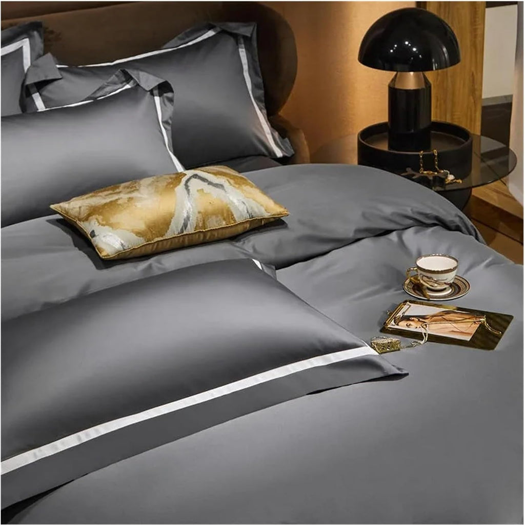 Gray Smooth Soft Rich Color 1000TC Long Staple Cotton Simple Chic Wide Edge 4Pcs Bedding Set Duvet Cover Bed Sheet Pillowcases,Bedding