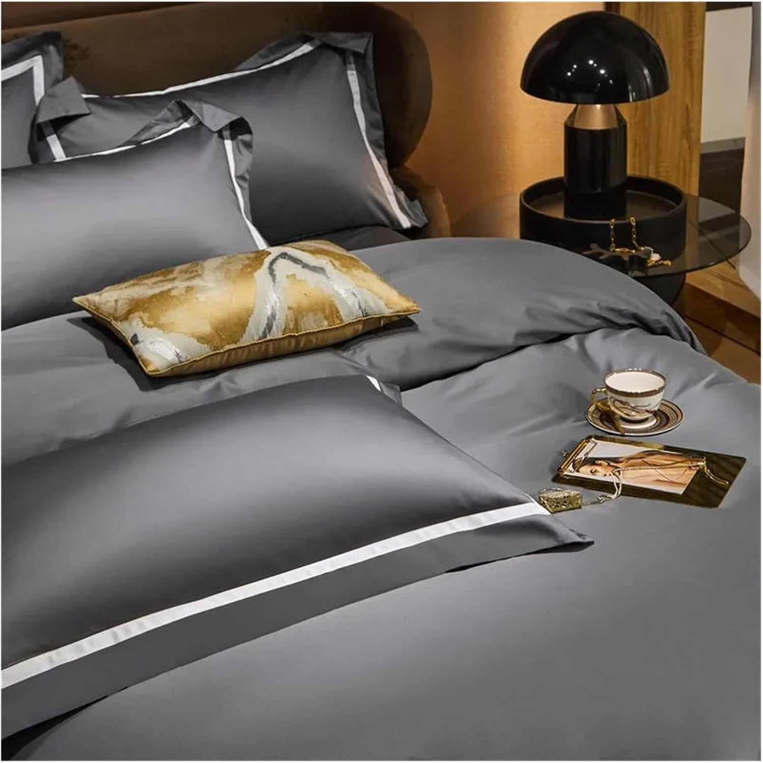 Gray Smooth Soft Rich Color 1000TC Long Staple Cotton Simple Chic Wide Edge 4Pcs Bedding Set Duvet Cover Bed Sheet Pillowcases,Bedding