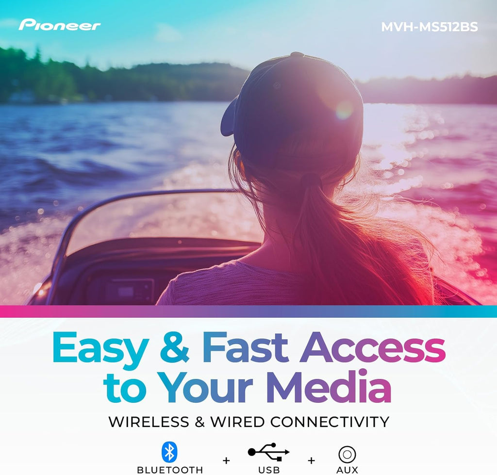 Pioneer MVH-MS512BS Marine Digital Media Receiver – Bluetooth, SiriusXM, USB, FLAC, Conformal Coating, Color Change, White Display for Outdoor, AM/FM Radio, Hi-Volt RCA, iPhone/Android Compatible