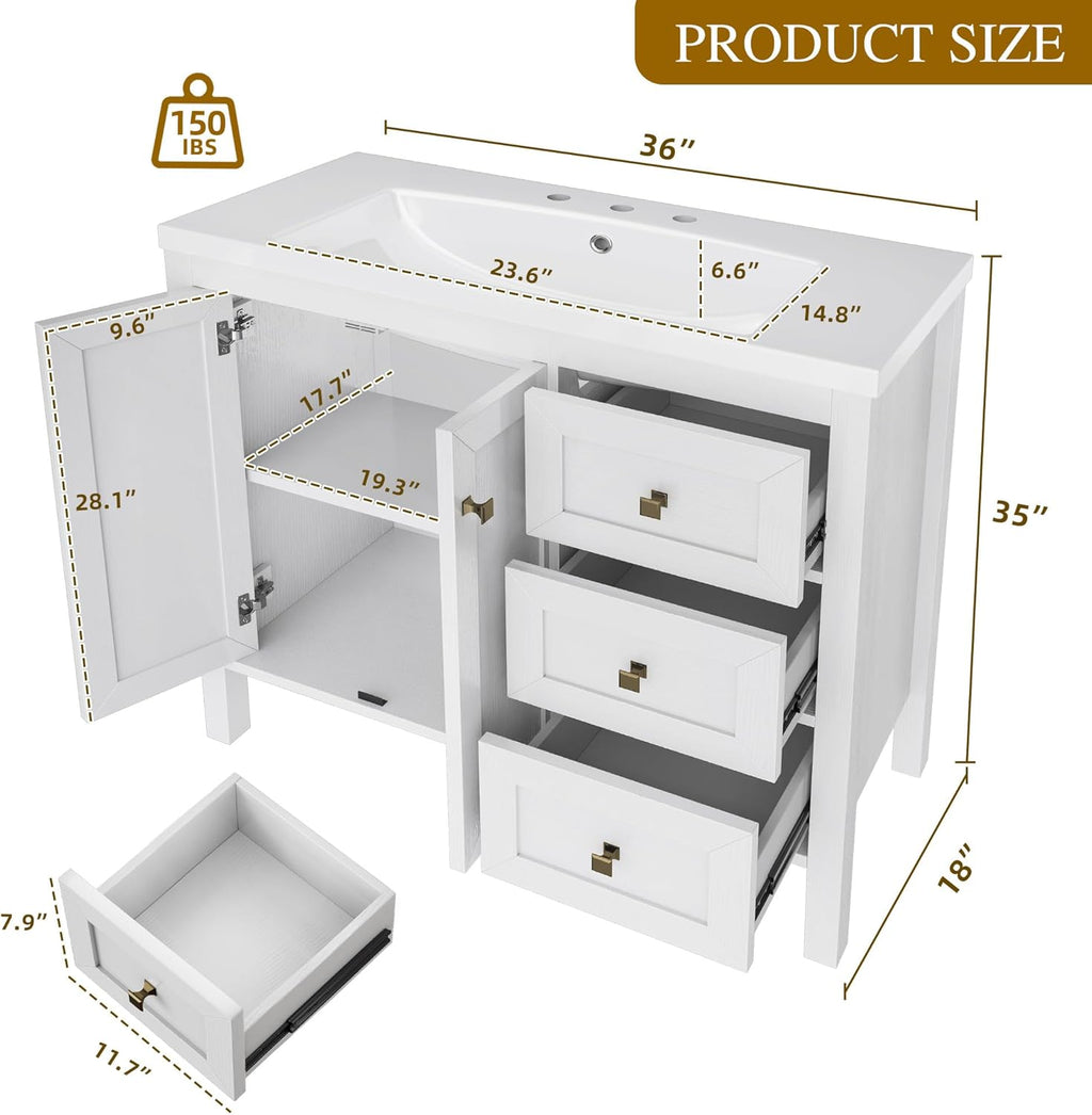 DWVO 36 Inch Bathroom Vanity with Sink, Modern Bathroom Storage Cabinet with Resin Basin, Three Holes, 2 Doors & 3 Drawers