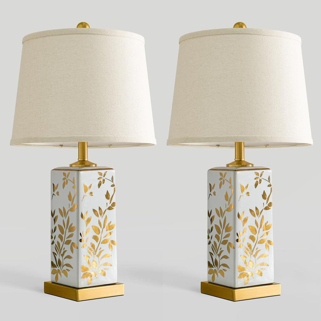 24.25" Mid Century Modern Lamp Set of 2, Vintage Farmhouse Chinoiserie Ceramic Table Lamps, Reflective Gold Leaf Pattern Bedside Lamps for Bedroom Living Room Nightstand, White & Gold