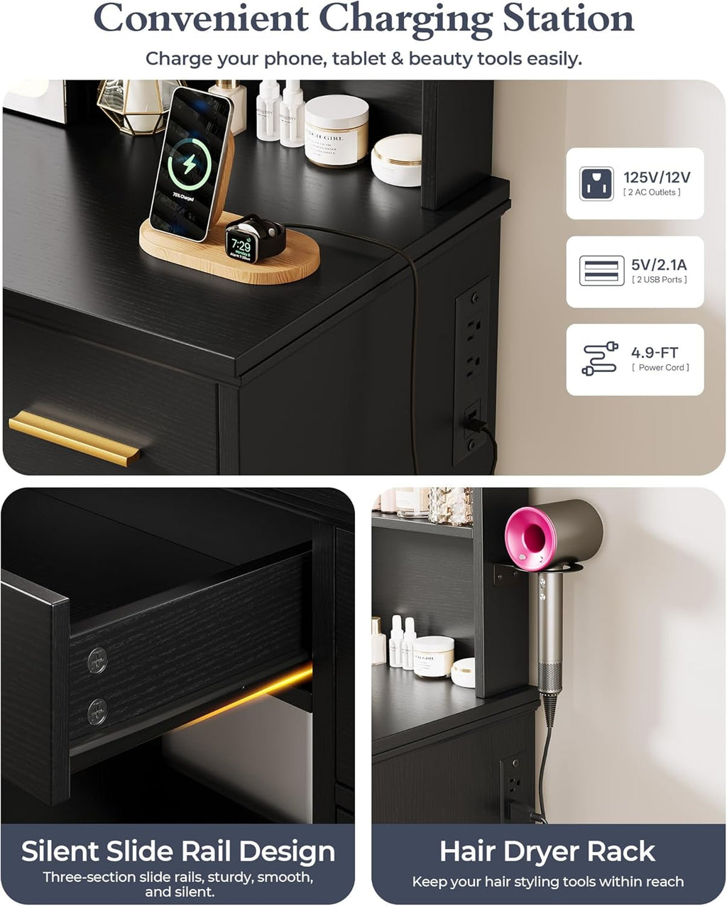 Memobarco Vanity Desk with Mirror and Lights, 43.5" Makeup Vanity with 3 Adjustable Lighting Modes, Large Vanity Desk with Sliding Mirror with 4 Drawers & 2 Cabinets, Power Outlets, Black