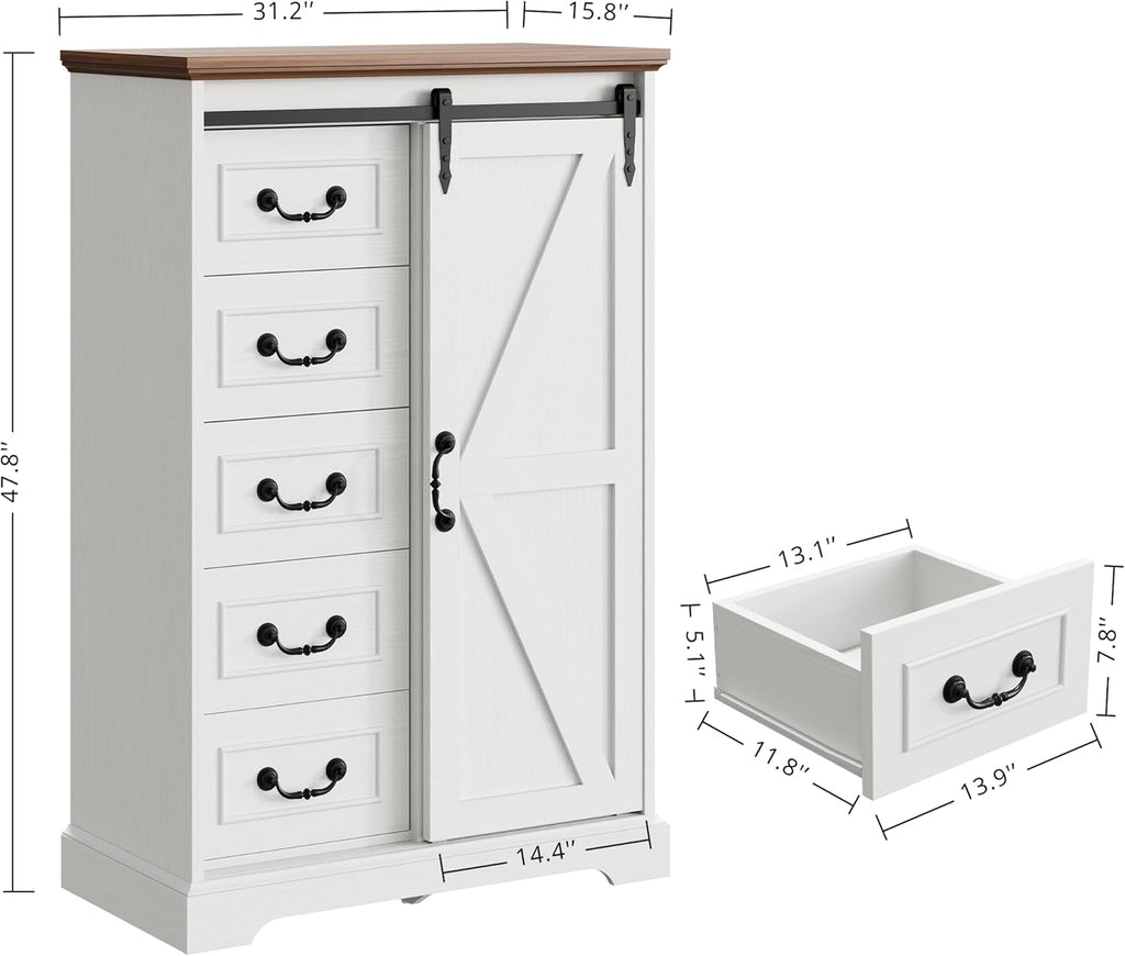 IRONCK 5 Drawers Dressers for Bedroom, Farmhouse Dresser Chest of Drawer with Sliding Barn Door,48” Tall Dresser Storage Organizer for Living Room, Entryway, White/Walnut