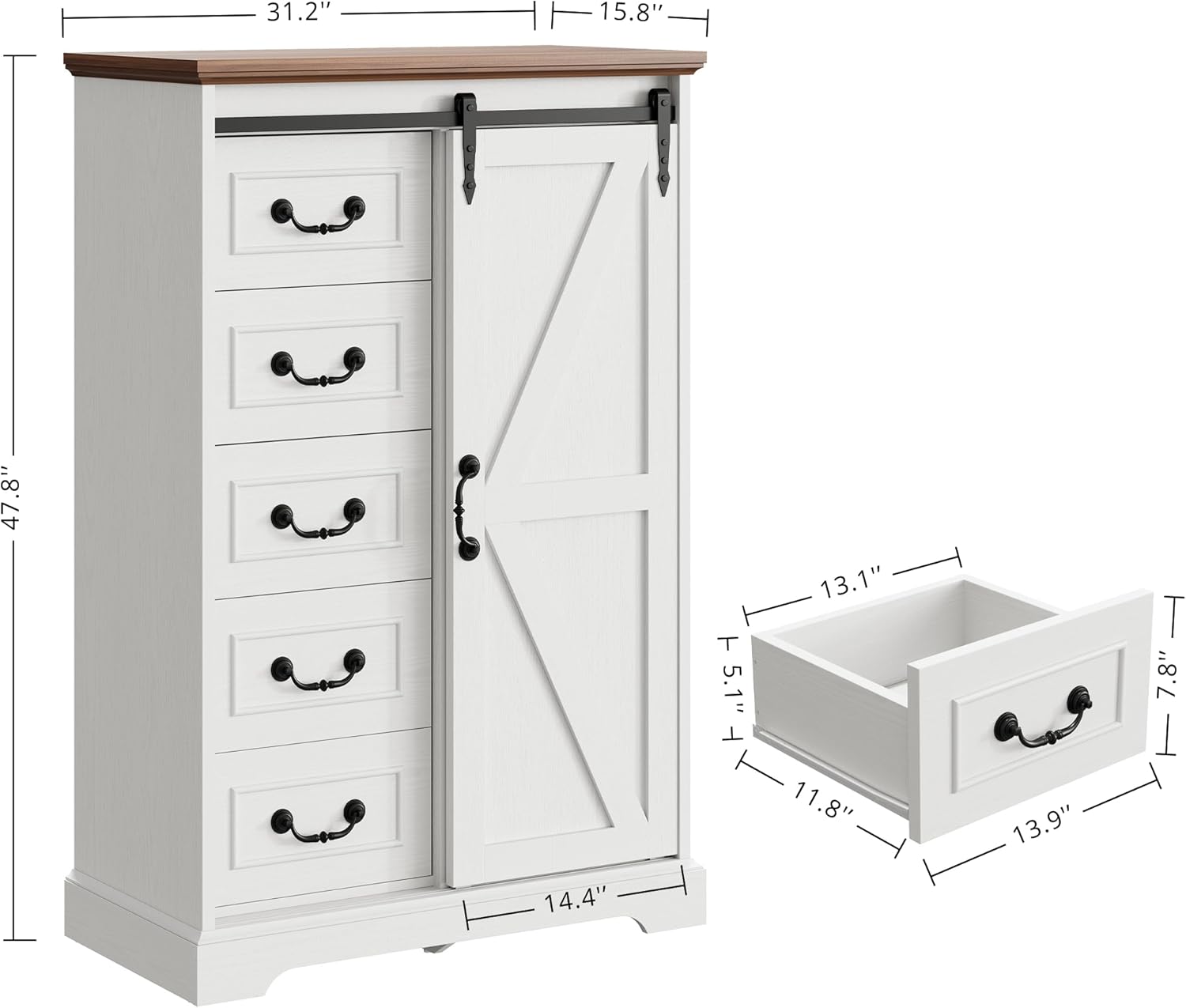 IRONCK 5 Drawers Dressers for Bedroom, Farmhouse Dresser Chest of Drawer with Sliding Barn Door,48” Tall Dresser Storage Organizer for Living Room, Entryway, White/Walnut