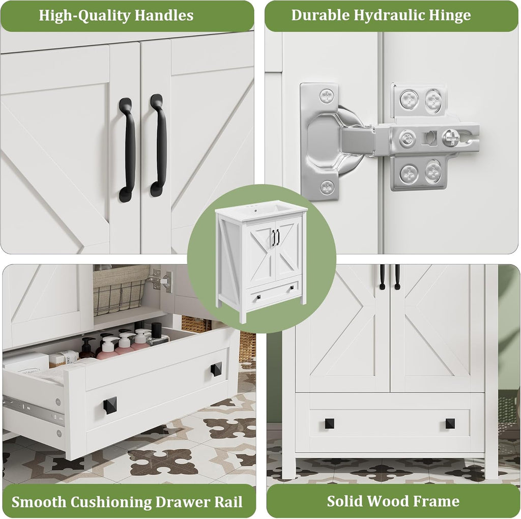 Garvee 24" Bathroom Vanity with Ceramic Sink, Freestanding Vanity with Soft-Close Doors & Storage Drawer, Modern Bathroom Sink Cabinet for Small Space, White