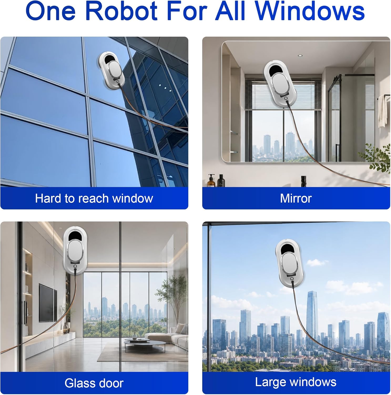 Automatic Window Cleaning Robot,Smart Robot Window Cleaner Inside/Outside,3000Pa Suction,Edge Detection,Intelligent Path Planning,Remote Control for high Glass,Shower,Mirror with 10 Rags(White)
