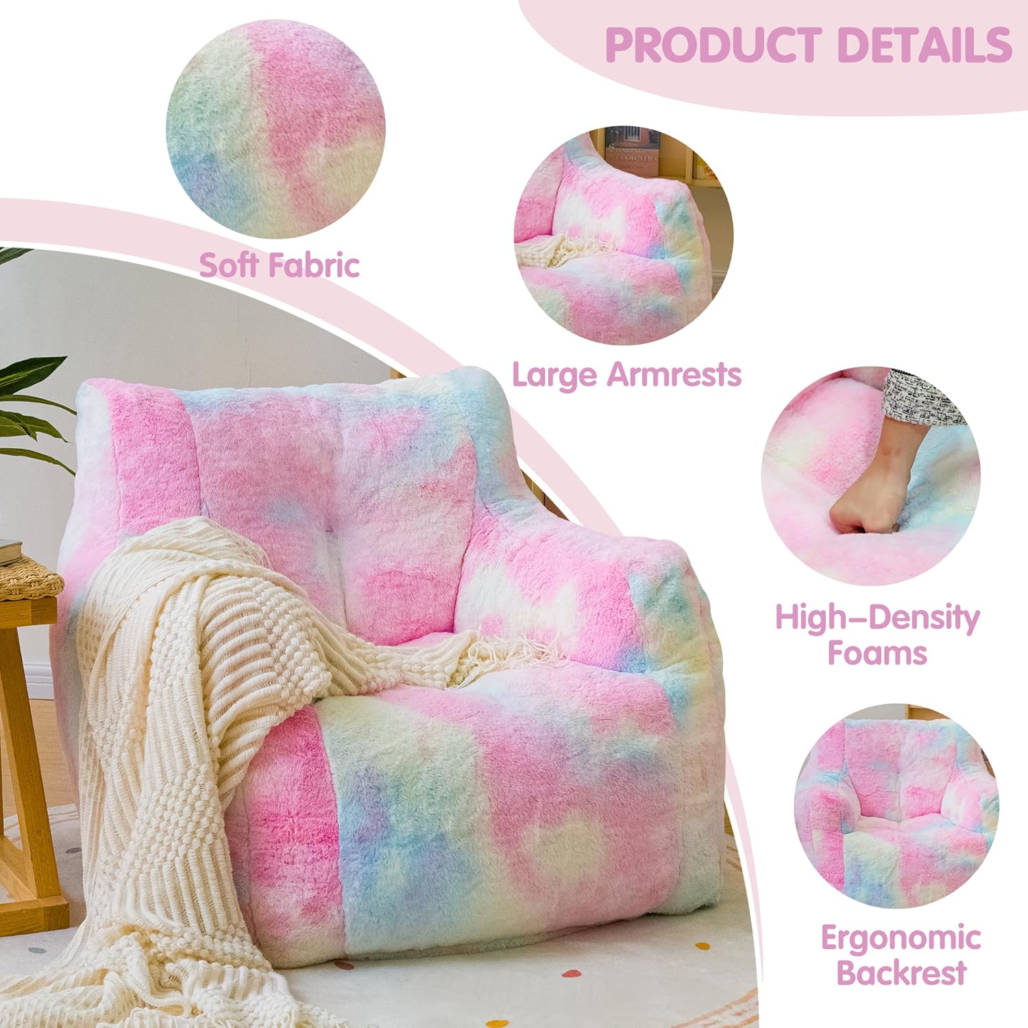 Bean Bag Chair with Filling, Faux Fur Comfy BeanBag Chairs for Teens, Adults, Bedroom, Living Room, Reading - Rainbow