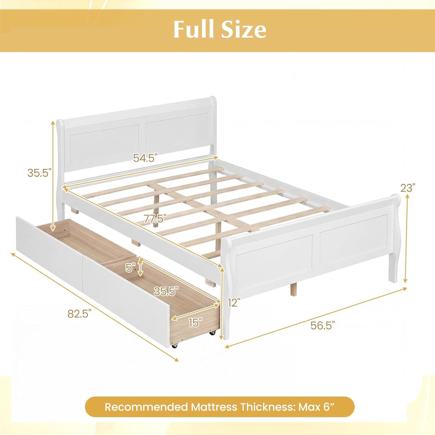Giantex Full Bed Frame with 2 Storage Drawers, Wood Platform Bed with Headboard & Footboard, Wooden Slats Support Mattress Foundation, Sleigh Bedframe for Teens Adults, No Box Spring Needed (White)