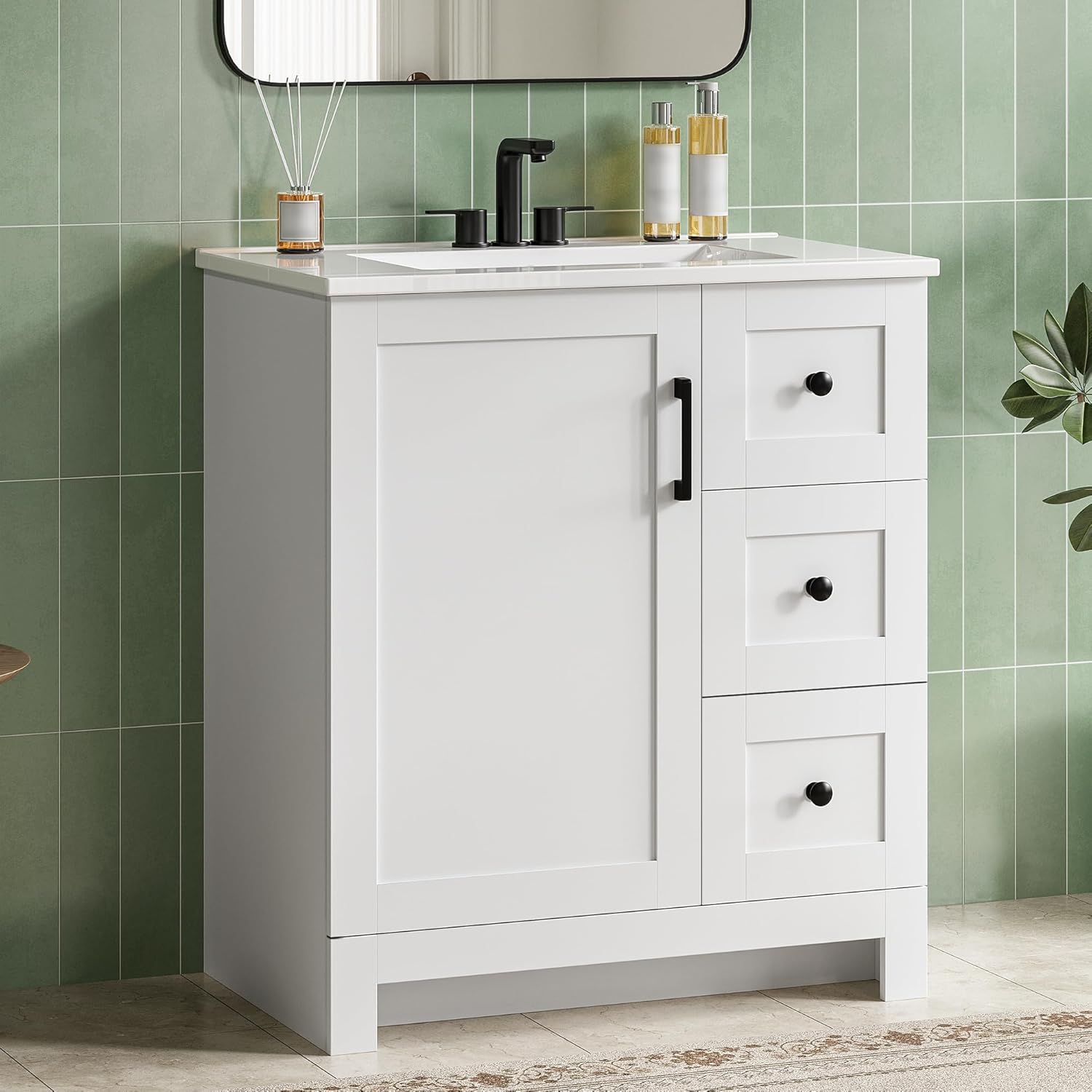 LIKIMIO 30" Bathroom Vanity with Sink, Freestanding Bathroom Vanity with 1 Soft-Close Door & 2 Drawers, Integrated Rectangular Ceramic Sink, Modern Bathroom Storage Cabinet, Easy Assembly, White