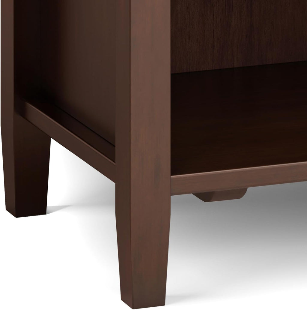 SIMPLIHOME Warm Shaker Bedside Table - 24 inch Wide Solid Wood Nightstand in Russet Brown, Transitional Bedroom Side or End Table with 2 Drawers, Open Shelf Storage and Brushed Nickel Hardware