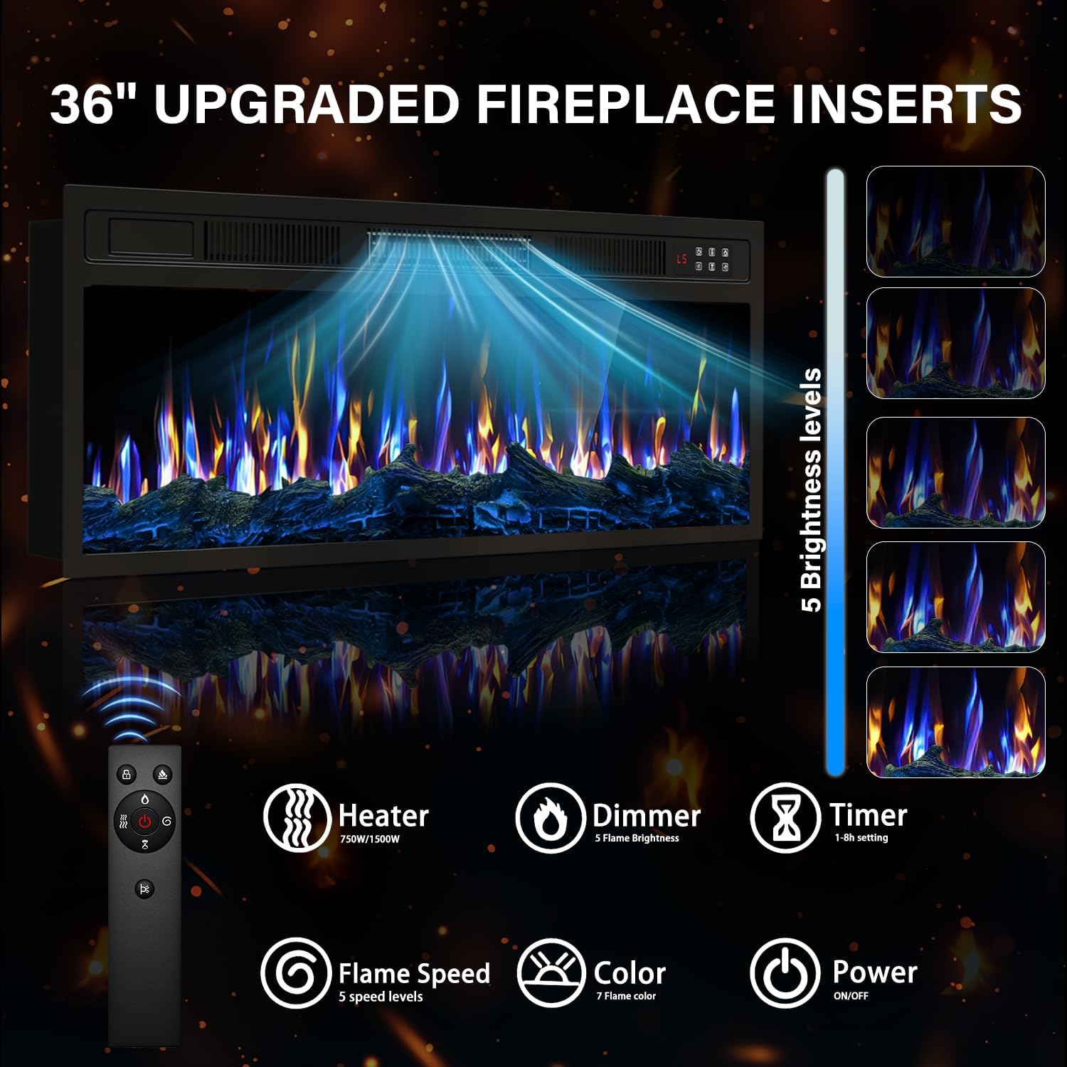 VITESSE Fireplace with TV Stand 36" inch Electric Fireplace Up to 80" TVs, LED Light Entertainment Center, 70" Modern Wood High Gloss with Highlight Storage Cabinet for Living Room (Black)