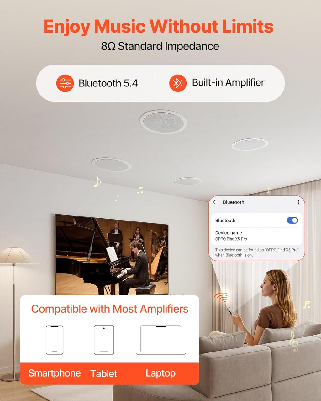 VEVOR Bluetooth Ceiling Speakers, 6.5", in Ceiling & in-Wall Speaker System with Amplifier, 2-Way, for Damp and Humid Placement, Home Theater, Covered Outdoor Patio and Flush Mount Wired, 4 Speakers
