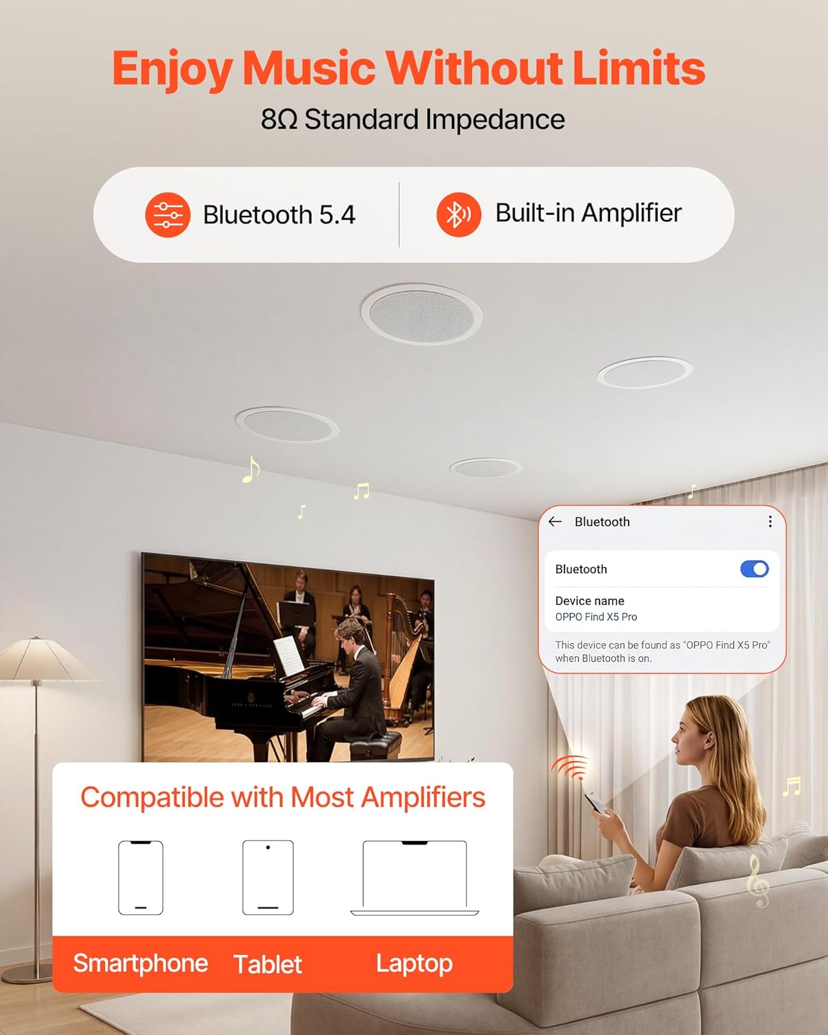 VEVOR Bluetooth Ceiling Speakers, 6.5", in Ceiling & in-Wall Speaker System with Amplifier, 2-Way, for Damp and Humid Placement, Home Theater, Covered Outdoor Patio and Flush Mount Wired, 4 Speakers
