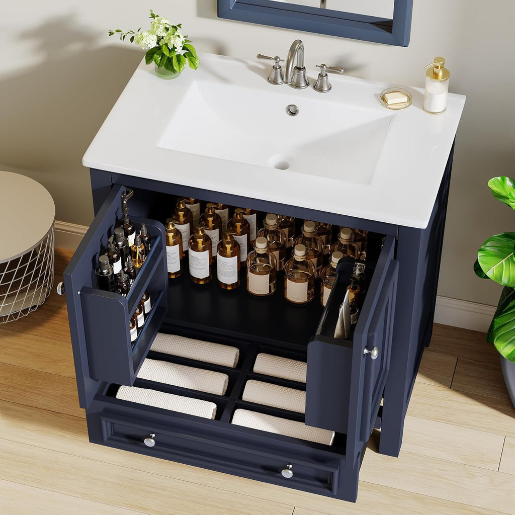 Tribesigns Modern Bathroom Vanity with Sink, Freestanding Bathroom Vanities Cabinet with Ceramic Basin Combo, Bathroom Sink Cabinet with 2 Doors and 1 Drawer, Solid Wooden Frame (Navy Blue, 30 INCH)
