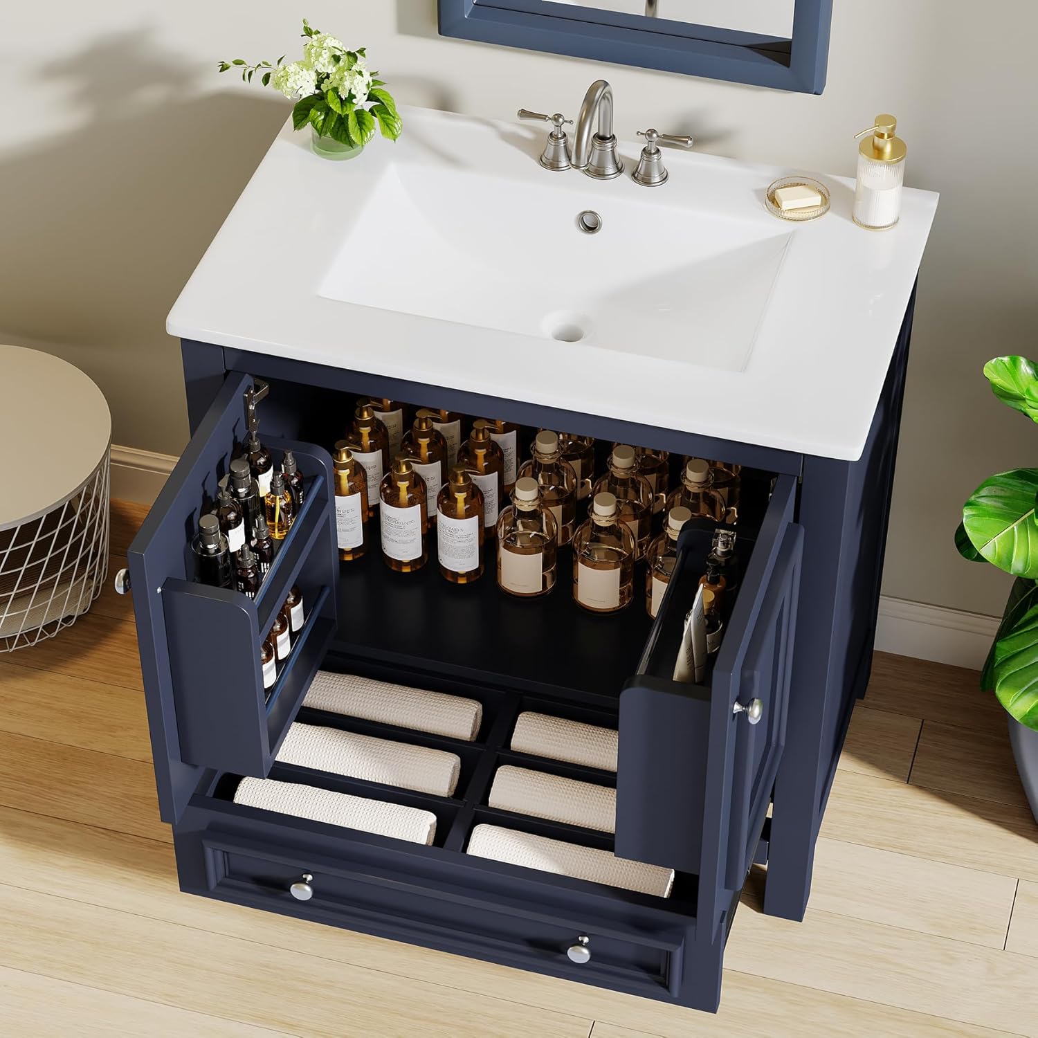 Tribesigns Modern Bathroom Vanity with Sink, Freestanding Bathroom Vanities Cabinet with Ceramic Basin Combo, Bathroom Sink Cabinet with 2 Doors and 1 Drawer, Solid Wooden Frame (Navy Blue, 30 INCH)