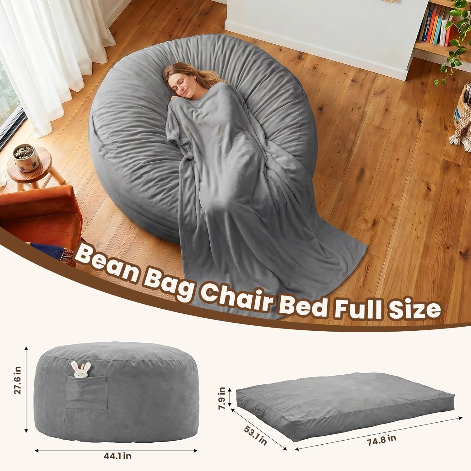 4 in 1 Adult Bean Bag Chair, 4ft Large Beanbag Chair with High Rebound Memory Foam Filler and Removable Cover, Oversized Comfy Flannel Bean Bag Couch Bed Lazy Sofa for Adults Teens, Grey